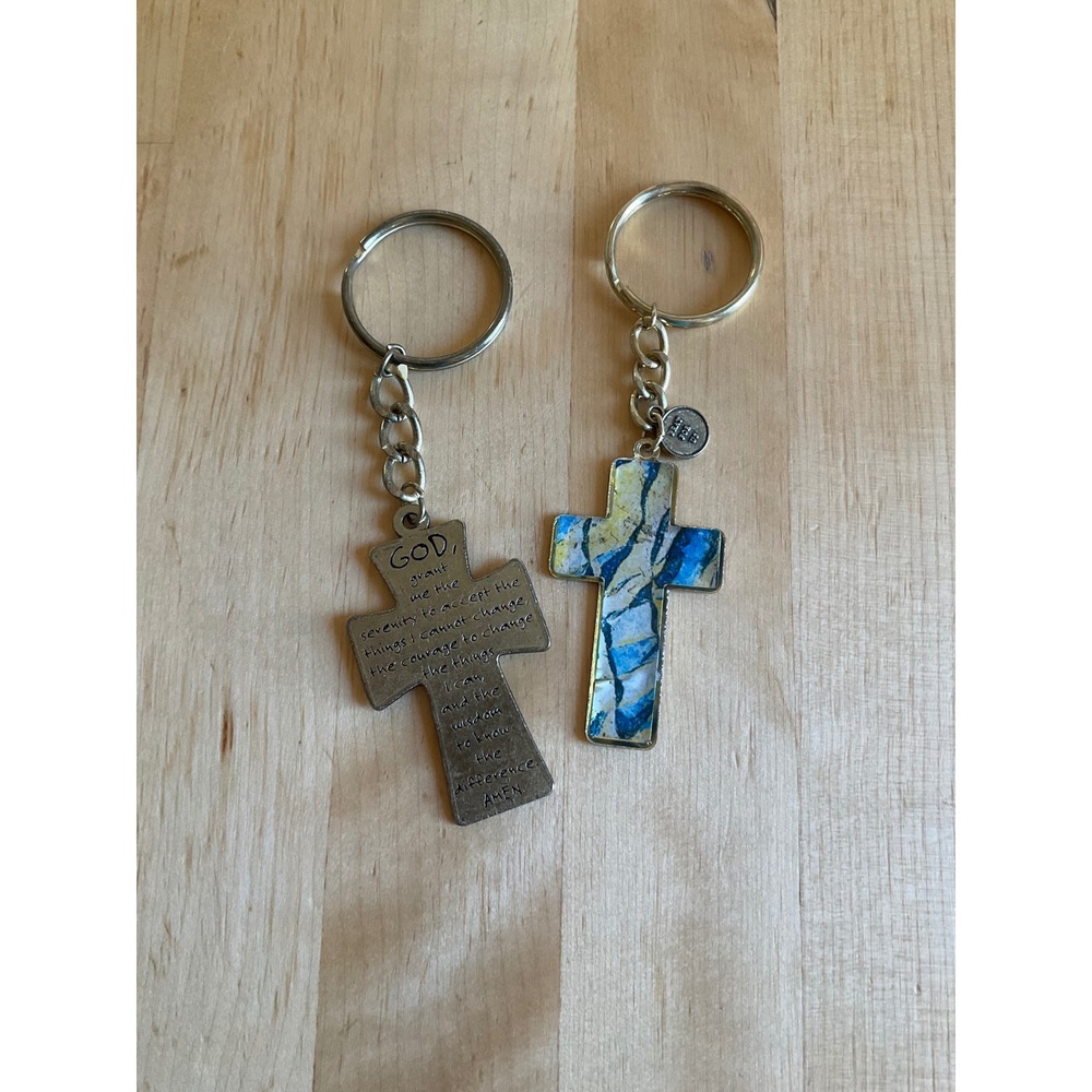Lot of 2 Cross Keychains Serenity Prayer Engraved and Blue Mosaic Pray For Us